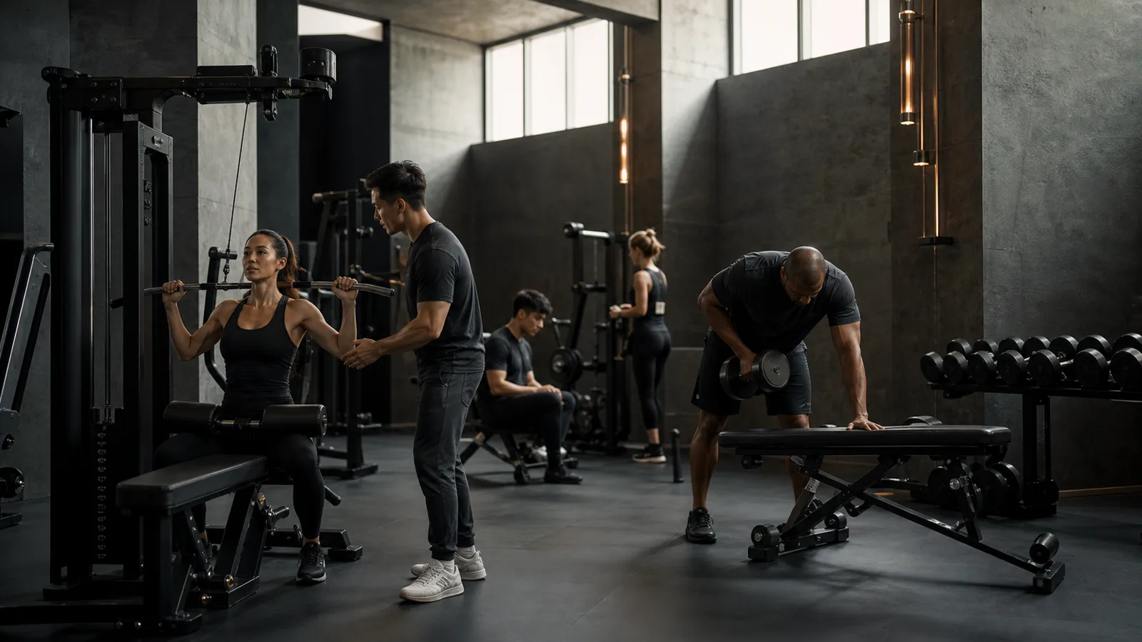 Personas con distintos niveles entrenando con concentración en un gimnasio